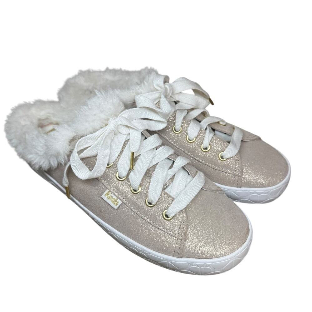 KATE SPADE X KEDS Women's Rose Gold Sparkly Furry Mules SZ 6